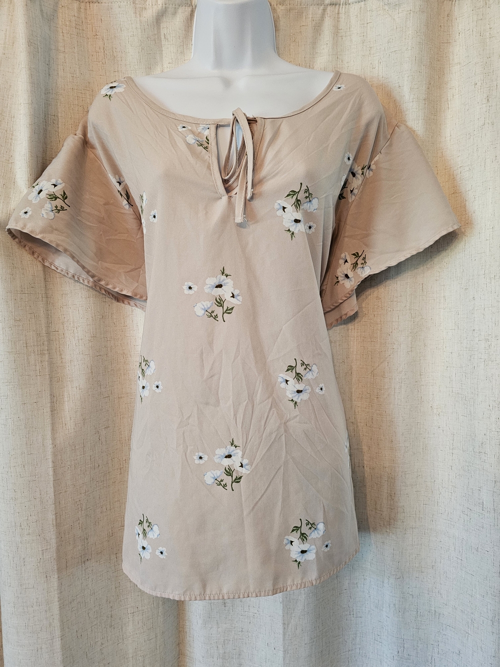 Women's Rose Beige Floral Tie-Neck Dress
